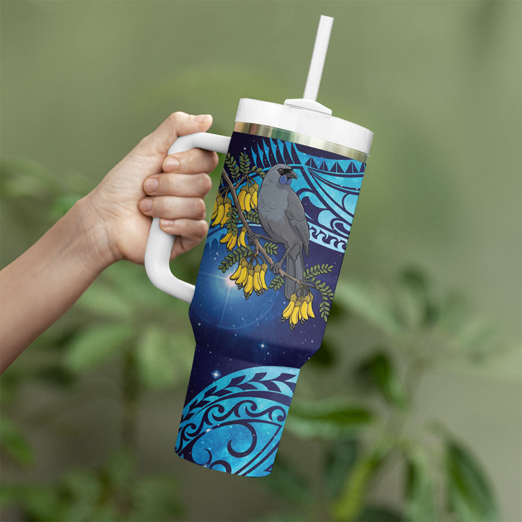 New Zealand Kokako Bird Tumbler With Handle Kowhai Galaxy Style Polynesian Pattern LT22 - Polynesian Pride