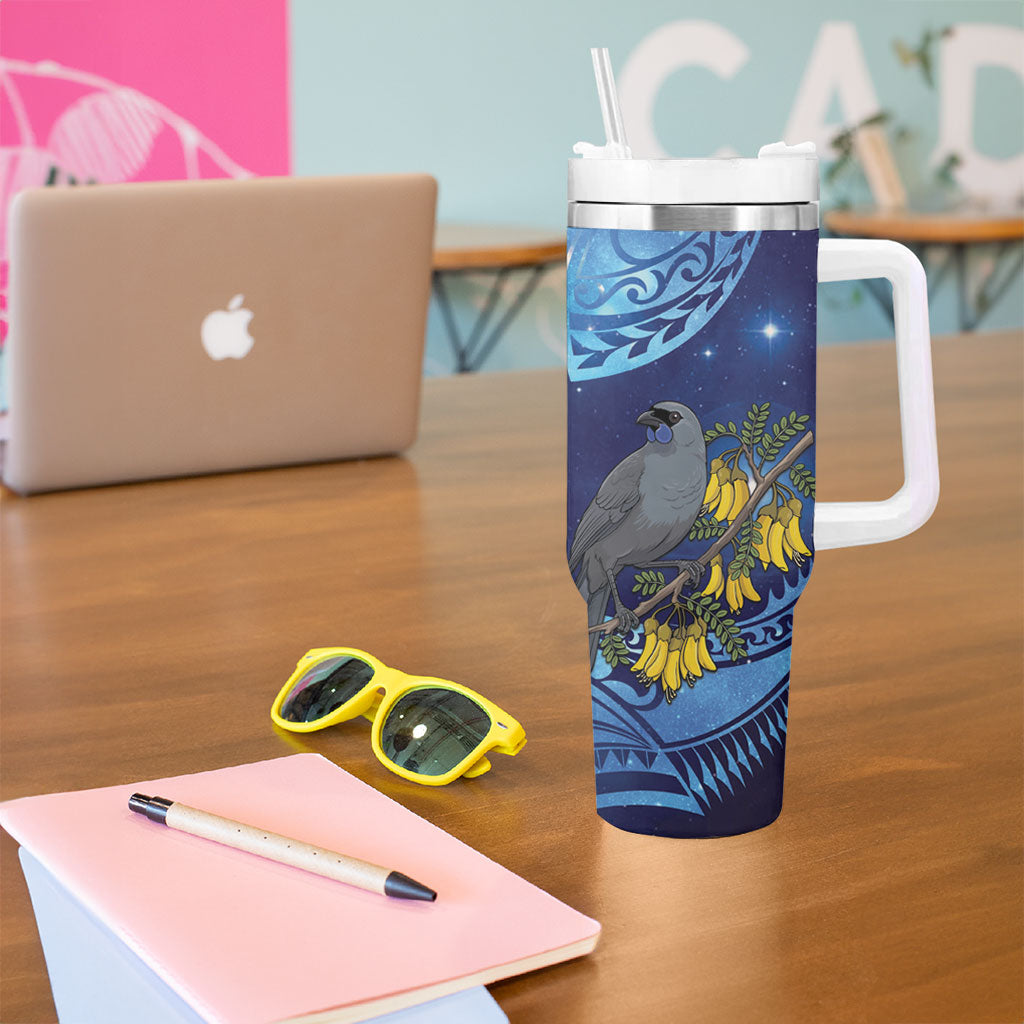 New Zealand Kokako Bird Tumbler With Handle Kowhai Galaxy Style Polynesian Pattern LT22 - Polynesian Pride