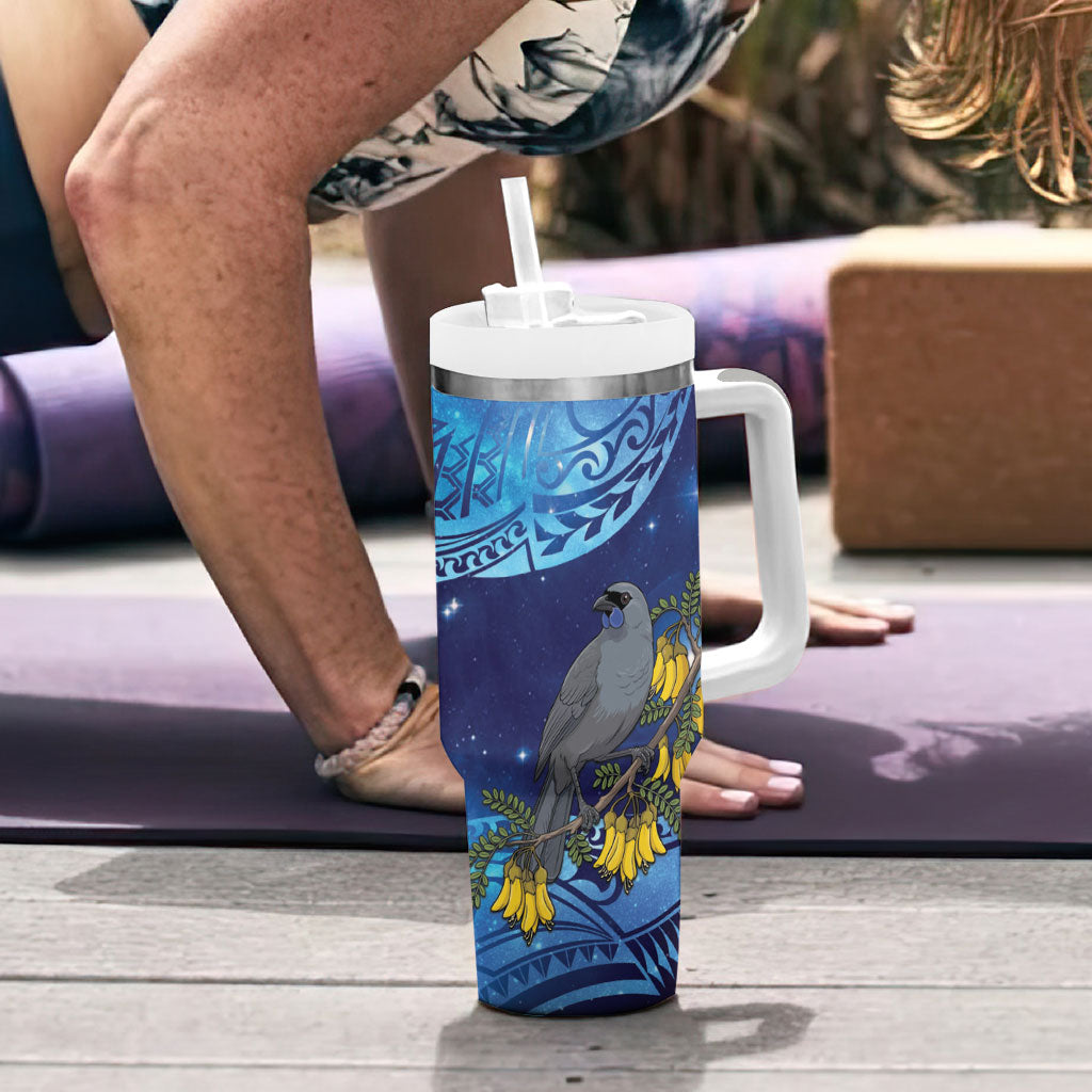 New Zealand Kokako Bird Tumbler With Handle Kowhai Galaxy Style Polynesian Pattern LT22 - Polynesian Pride