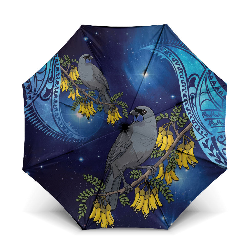 New Zealand Kokako Bird Umbrella Kowhai Galaxy Style Polynesian Pattern LT22 One Size Folded 11.42 inch Opened Diameter 37.4 inch Blue - Polynesian Pride