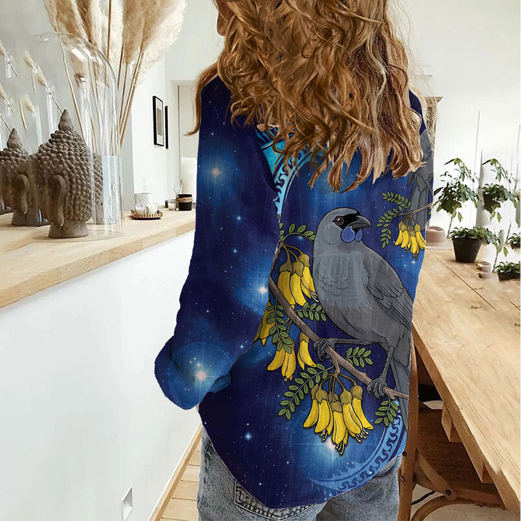 New Zealand Kokako Bird Women Casual Shirt Kowhai Galaxy Style Polynesian Pattern LT22 - Polynesian Pride