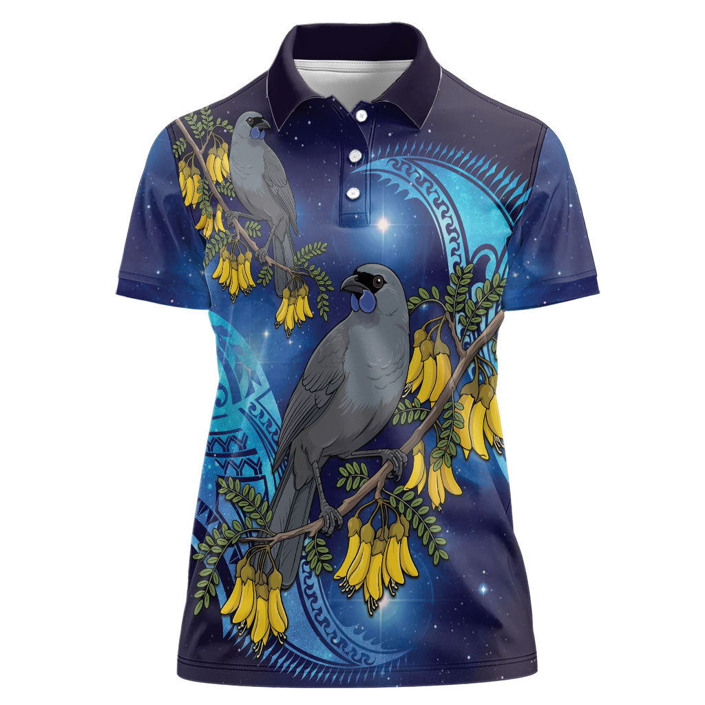 New Zealand Kokako Bird Women Polo Shirt Kowhai Galaxy Style Polynesian Pattern LT22 Female Blue - Polynesian Pride