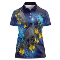 New Zealand Kokako Bird Women Polo Shirt Kowhai Galaxy Style Polynesian Pattern LT22 Female Blue - Polynesian Pride