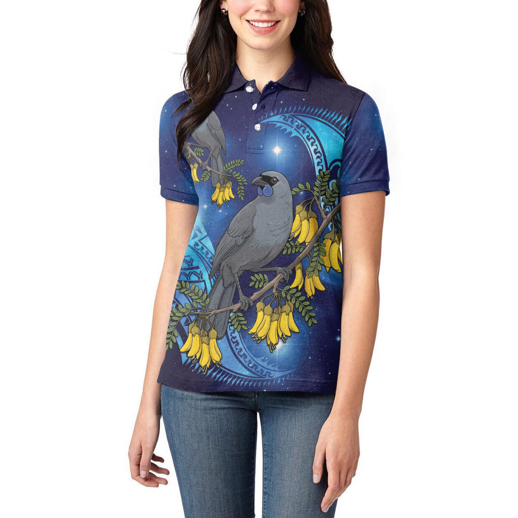New Zealand Kokako Bird Women Polo Shirt Kowhai Galaxy Style Polynesian Pattern LT22 - Polynesian Pride