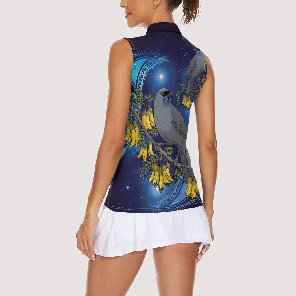 New Zealand Kokako Bird Women Sleeveless Polo Shirt Kowhai Galaxy Style Polynesian Pattern LT22 - Polynesian Pride