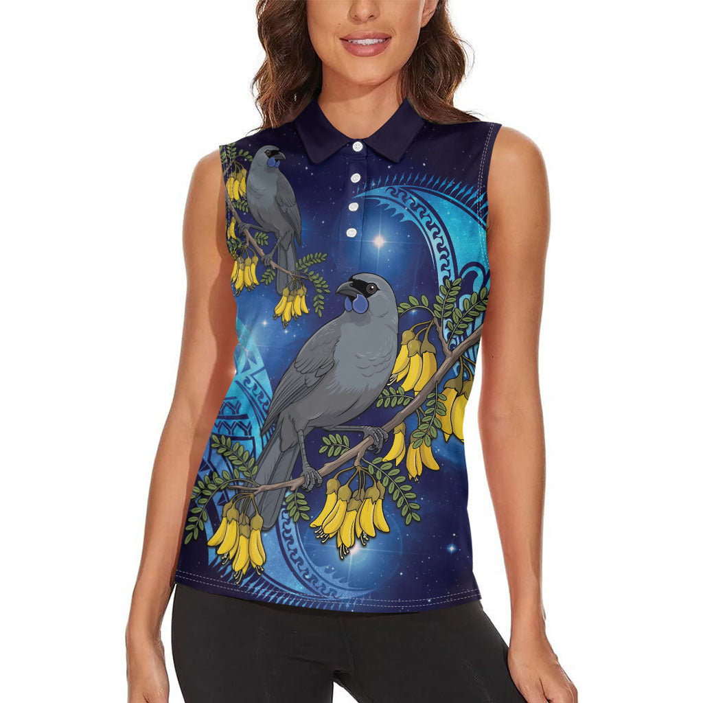 New Zealand Kokako Bird Women Sleeveless Polo Shirt Kowhai Galaxy Style Polynesian Pattern LT22 - Polynesian Pride