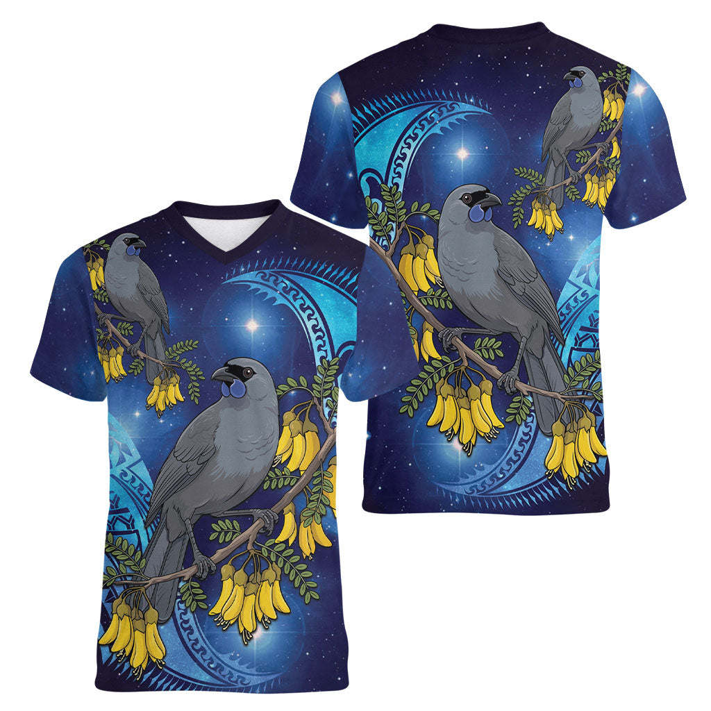 New Zealand Kokako Bird Women V-Neck T-Shirt Kowhai Galaxy Style Polynesian Pattern LT22 - Polynesian Pride