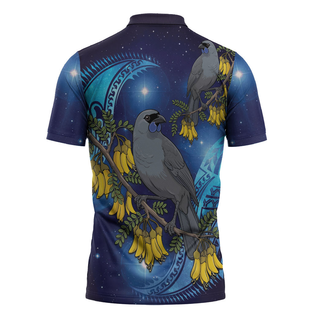 New Zealand Kokako Bird Zipper Polo Shirt Kowhai Galaxy Style Polynesian Pattern LT22 - Polynesian Pride