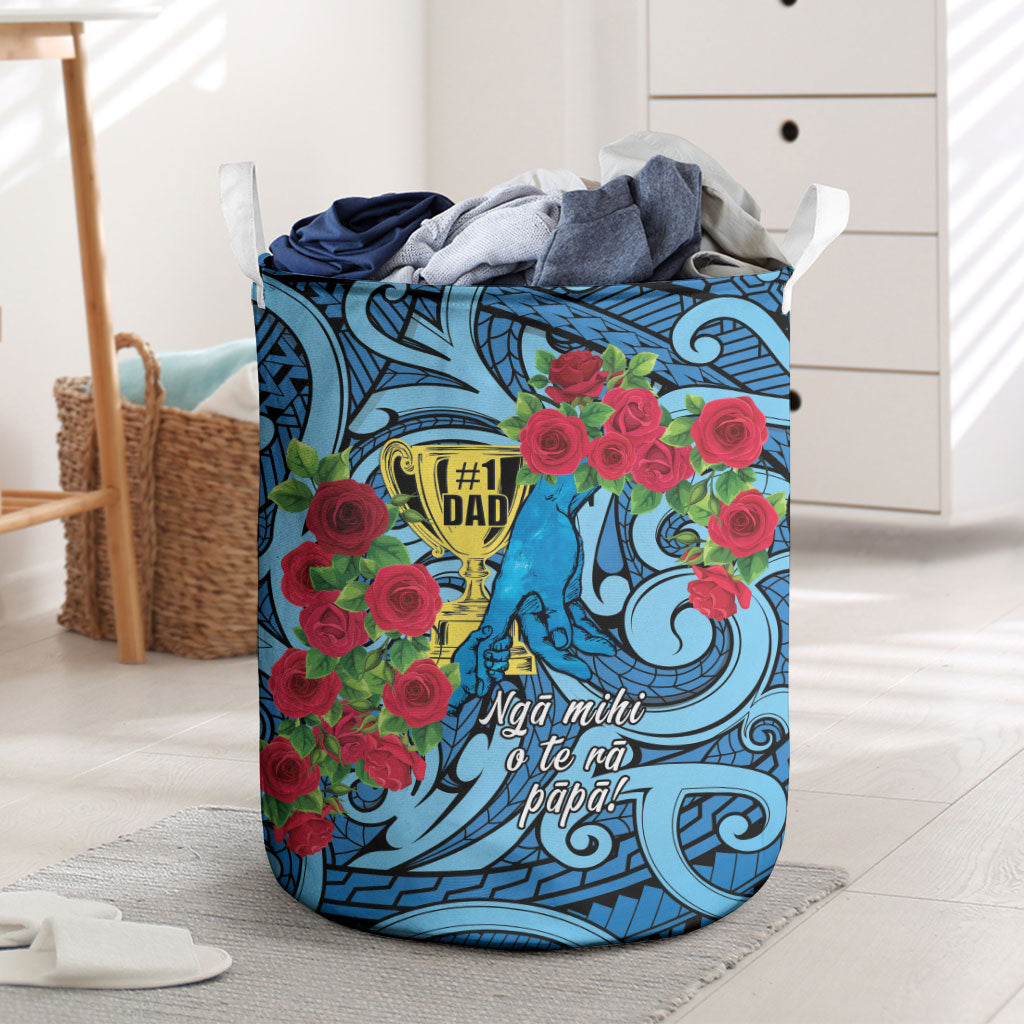 New Zealand Father's Day Laundry Basket Best Dad Trophy Red Rose Maori Pattern LT22 Blue - Polynesian Pride