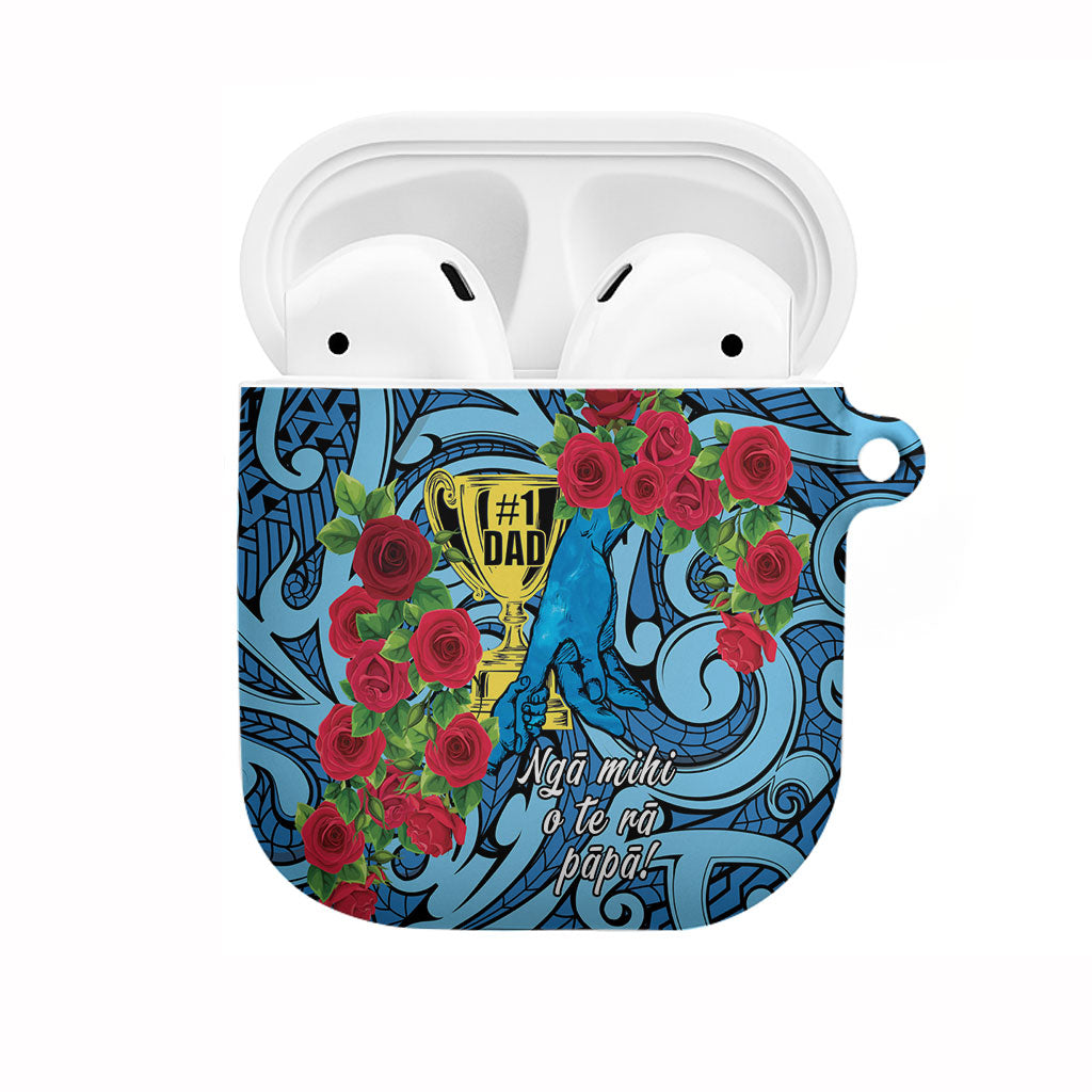 New Zealand Father's Day AirPods Case Best Dad Trophy Red Rose Maori Pattern LT22 Blue - Polynesian Pride