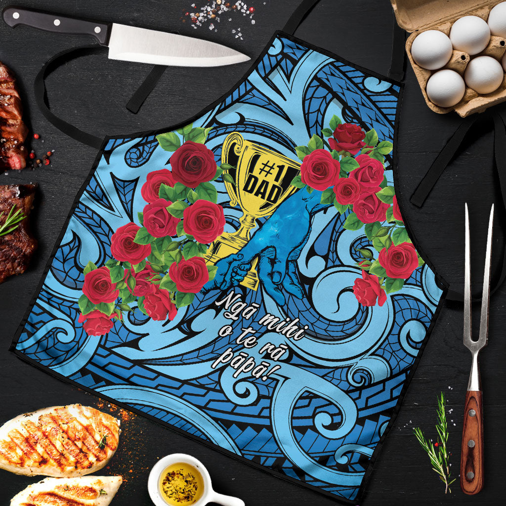 New Zealand Father's Day Apron Best Dad Trophy Red Rose Maori Pattern LT22 Blue - Polynesian Pride