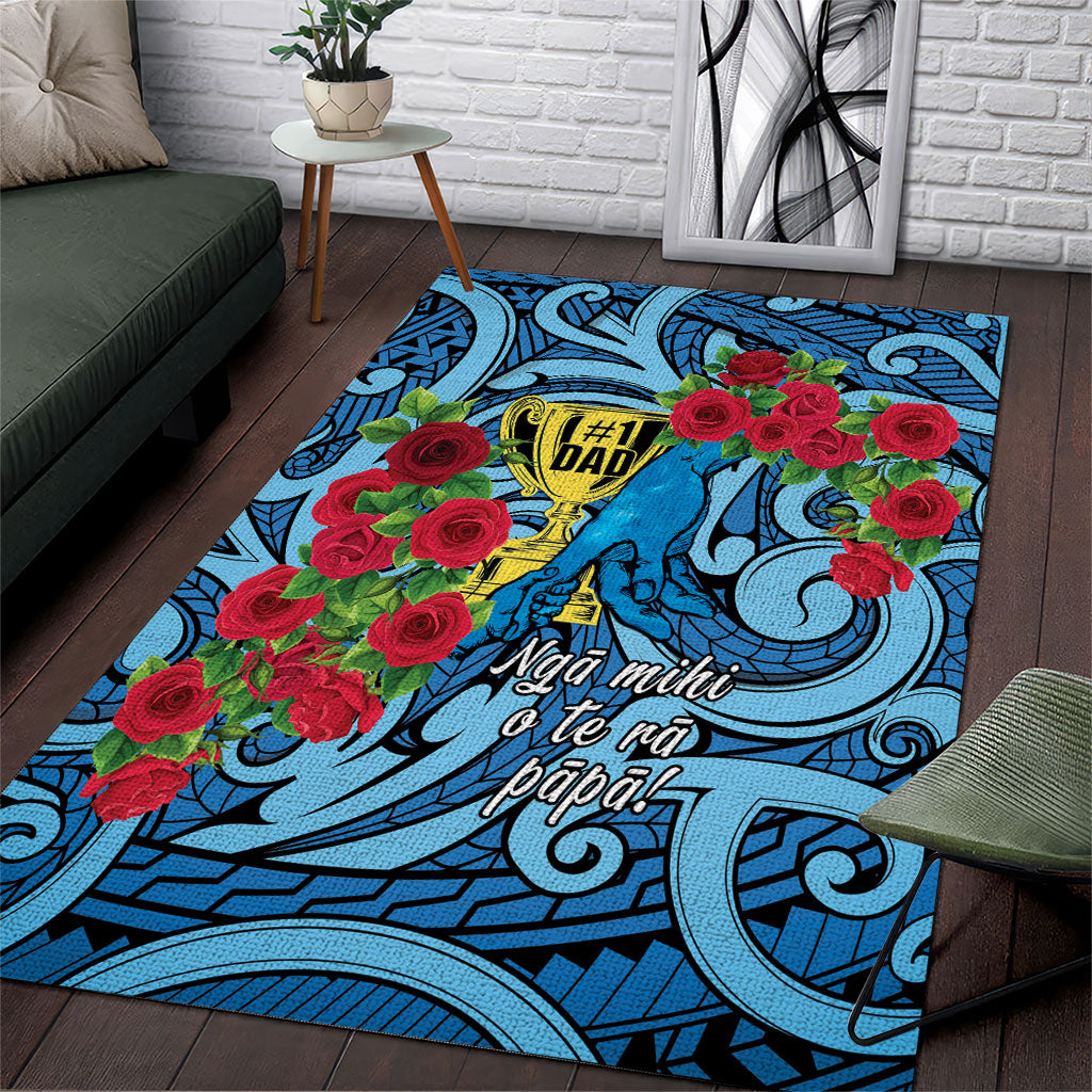 New Zealand Father's Day Area Rug Best Dad Trophy Red Rose Maori Pattern LT22 Blue - Polynesian Pride