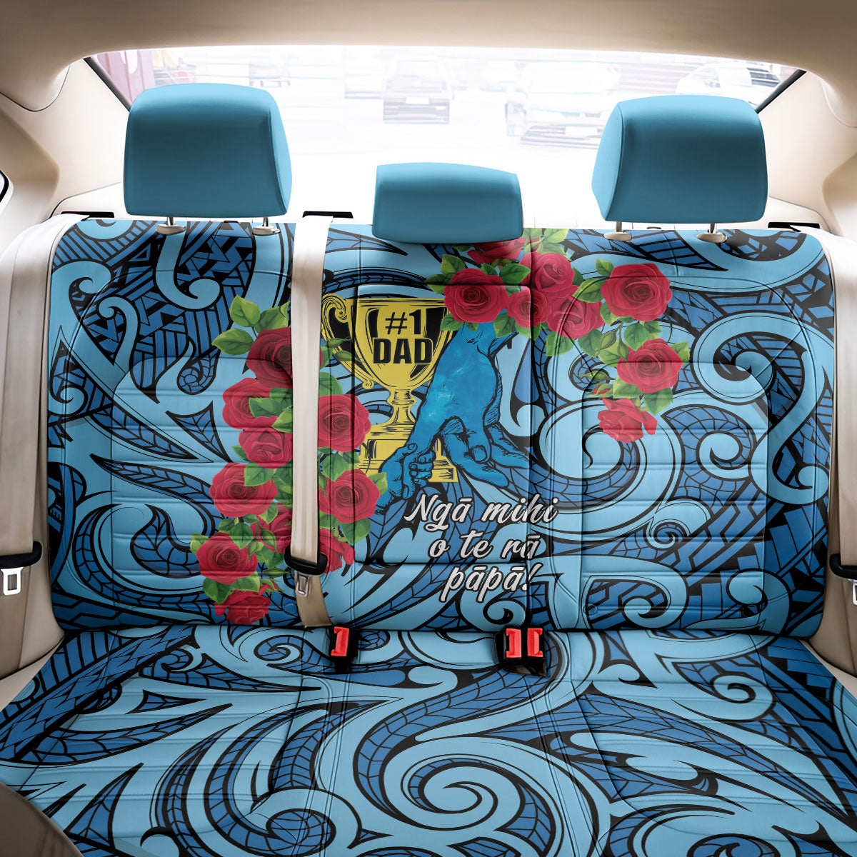New Zealand Father's Day Back Car Seat Cover Best Dad Trophy Red Rose Maori Pattern LT22 - Polynesian Pride
