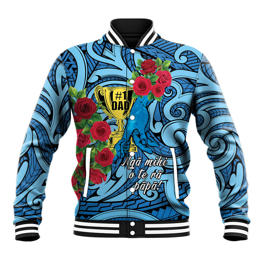 Personalised New Zealand Father's Day Baseball Jacket Best Dad Trophy Red Rose Maori Pattern LT22 Unisex Blue - Polynesian Pride