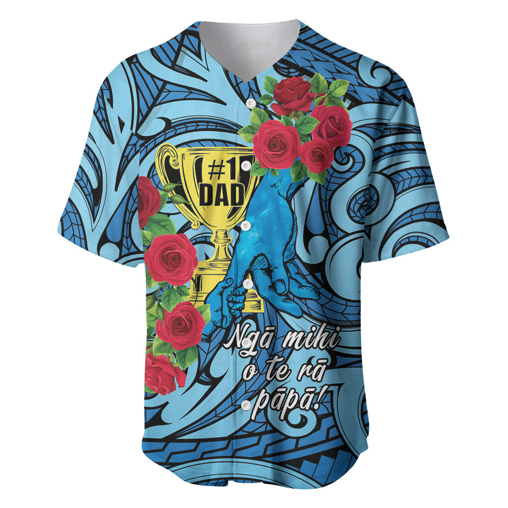 Personalised New Zealand Father's Day Baseball Jersey Best Dad Trophy Red Rose Maori Pattern LT22 Blue - Polynesian Pride
