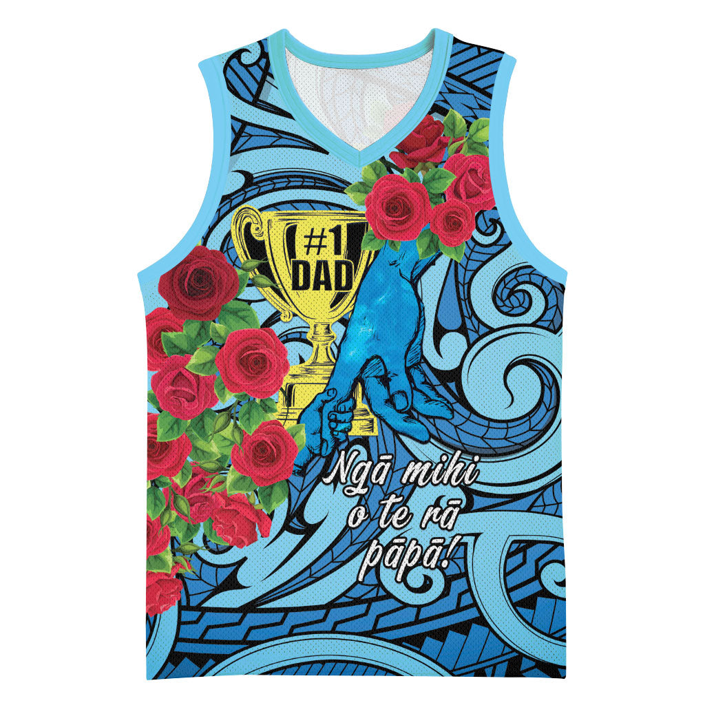 Personalised New Zealand Father's Day Basketball Jersey Best Dad Trophy Red Rose Maori Pattern LT22 Unisex Blue - Polynesian Pride