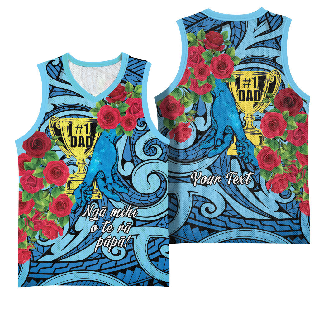 Personalised New Zealand Father's Day Basketball Jersey Best Dad Trophy Red Rose Maori Pattern LT22 - Polynesian Pride