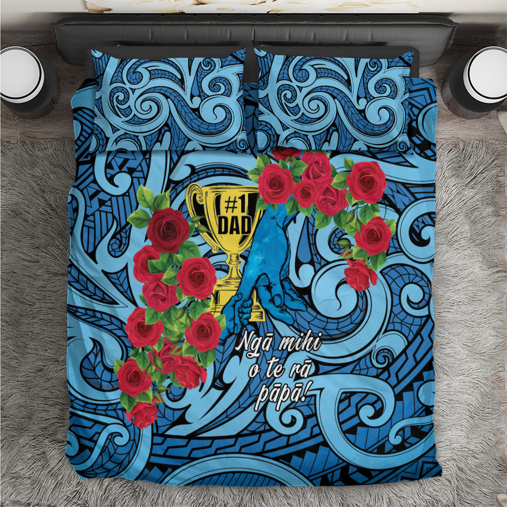 New Zealand Father's Day Bedding Set Best Dad Trophy Red Rose Maori Pattern LT22 Blue - Polynesian Pride