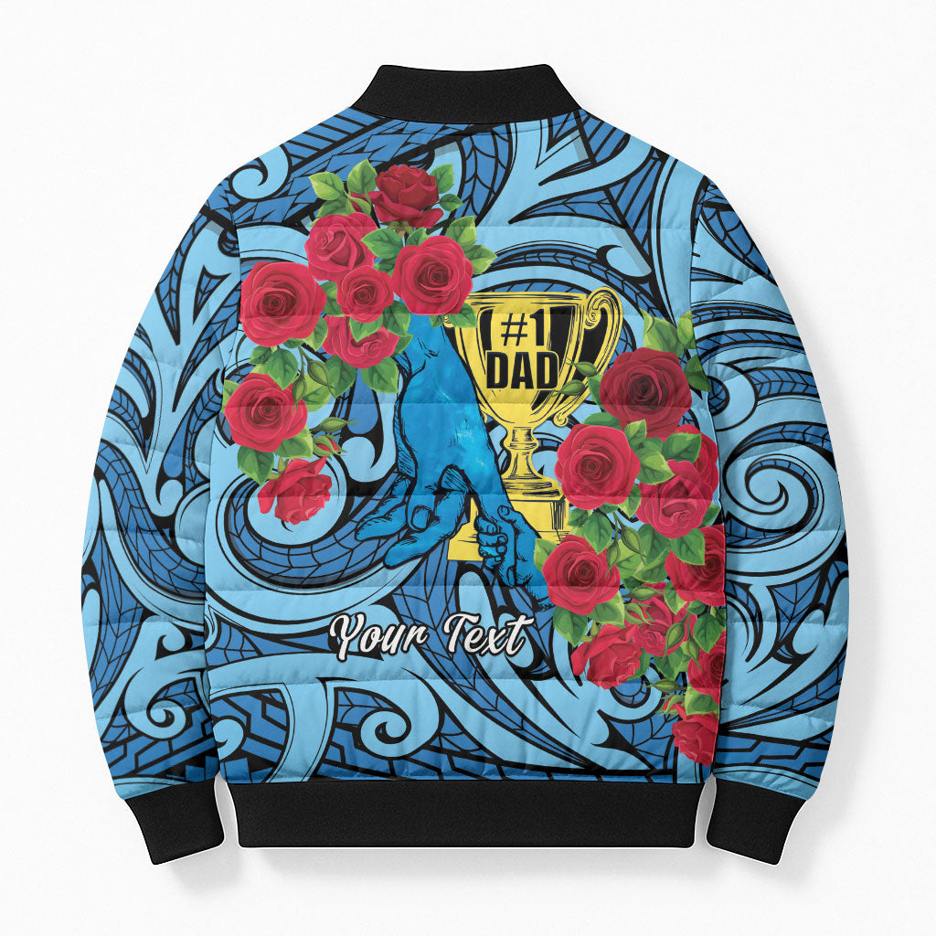 Personalised New Zealand Father's Day Bomber Puffer Jacket Best Dad Trophy Red Rose Maori Pattern LT22 - Polynesian Pride