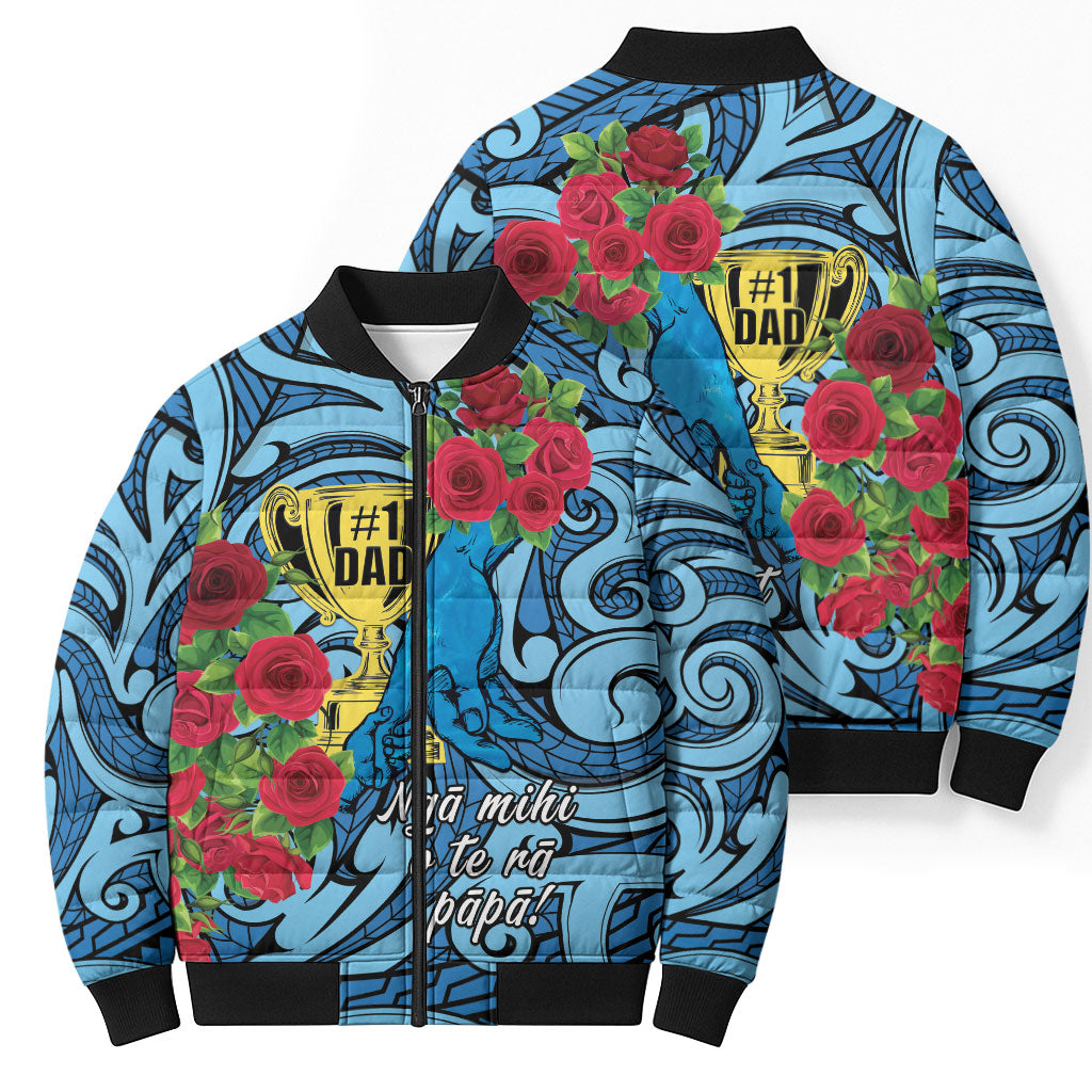 Personalised New Zealand Father's Day Bomber Puffer Jacket Best Dad Trophy Red Rose Maori Pattern LT22 - Polynesian Pride