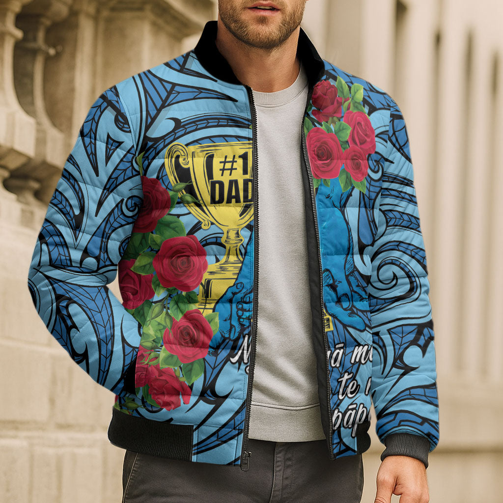 Personalised New Zealand Father's Day Bomber Puffer Jacket Best Dad Trophy Red Rose Maori Pattern LT22 - Polynesian Pride