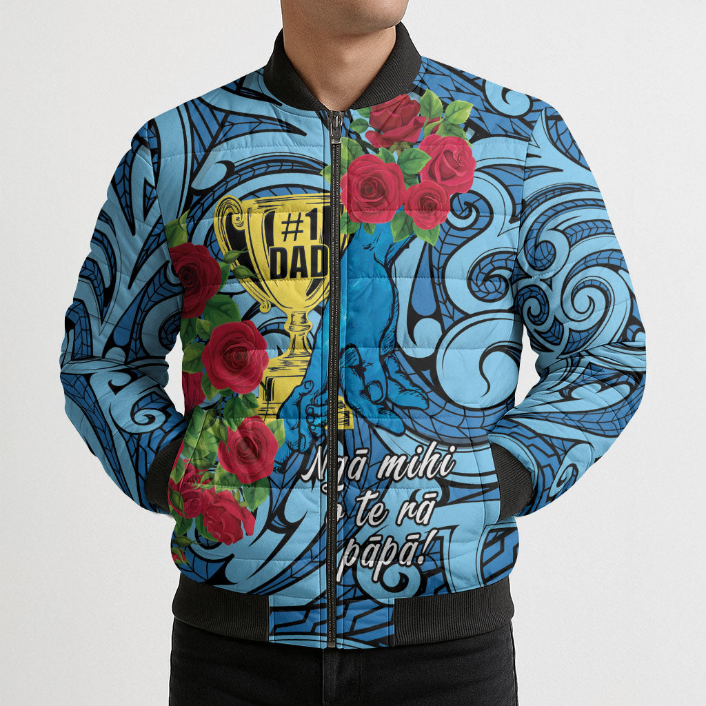 Personalised New Zealand Father's Day Bomber Puffer Jacket Best Dad Trophy Red Rose Maori Pattern LT22 - Polynesian Pride