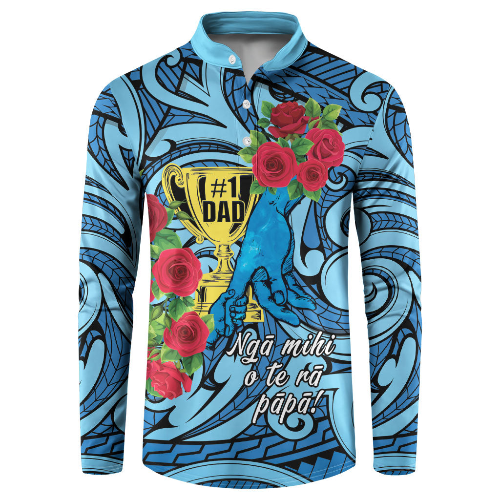 Personalised New Zealand Father's Day Button Sweatshirt Best Dad Trophy Red Rose Maori Pattern LT22 Blue - Polynesian Pride
