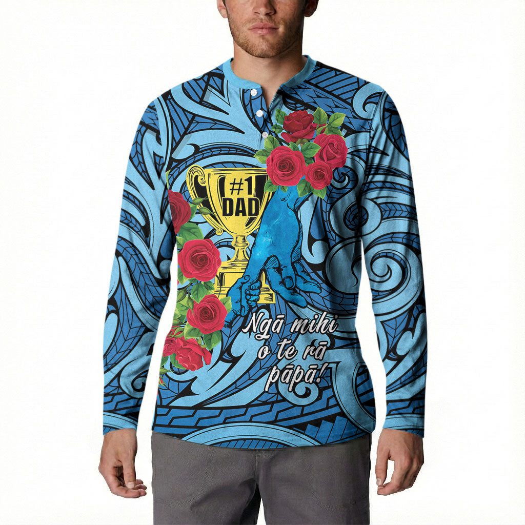 Personalised New Zealand Father's Day Button Sweatshirt Best Dad Trophy Red Rose Maori Pattern LT22 - Polynesian Pride