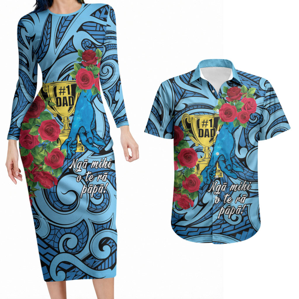 Personalised New Zealand Father's Day Couples Matching Long Sleeve Bodycon Dress and Hawaiian Shirt Best Dad Trophy Red Rose Maori Pattern LT22 Blue - Polynesian Pride