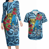 Personalised New Zealand Father's Day Couples Matching Long Sleeve Bodycon Dress and Hawaiian Shirt Best Dad Trophy Red Rose Maori Pattern LT22 Blue - Polynesian Pride