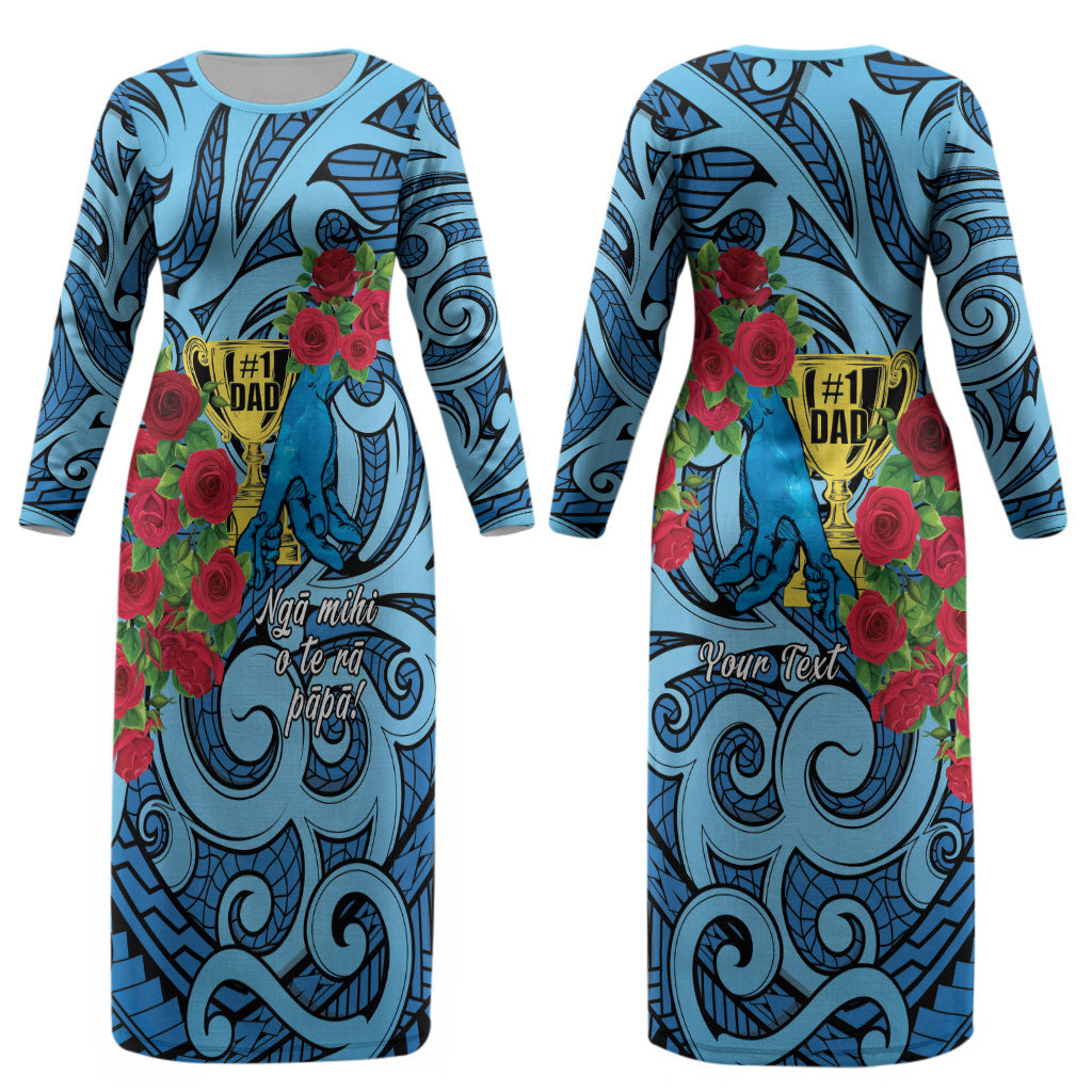 Personalised New Zealand Father's Day Couples Matching Long Sleeve Bodycon Dress and Hawaiian Shirt Best Dad Trophy Red Rose Maori Pattern LT22 - Polynesian Pride