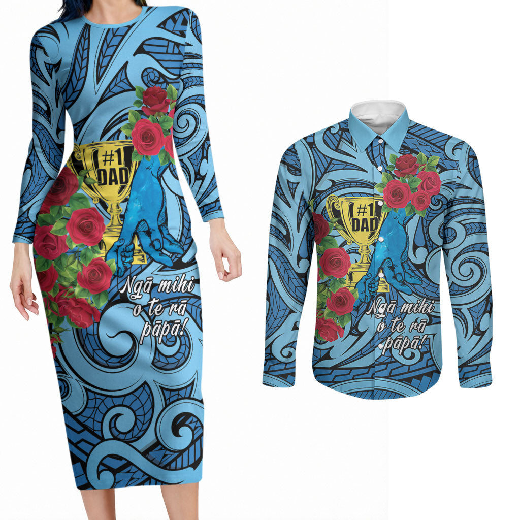 Personalised New Zealand Father's Day Couples Matching Long Sleeve Bodycon Dress and Long Sleeve Button Shirt Best Dad Trophy Red Rose Maori Pattern LT22 Blue - Polynesian Pride