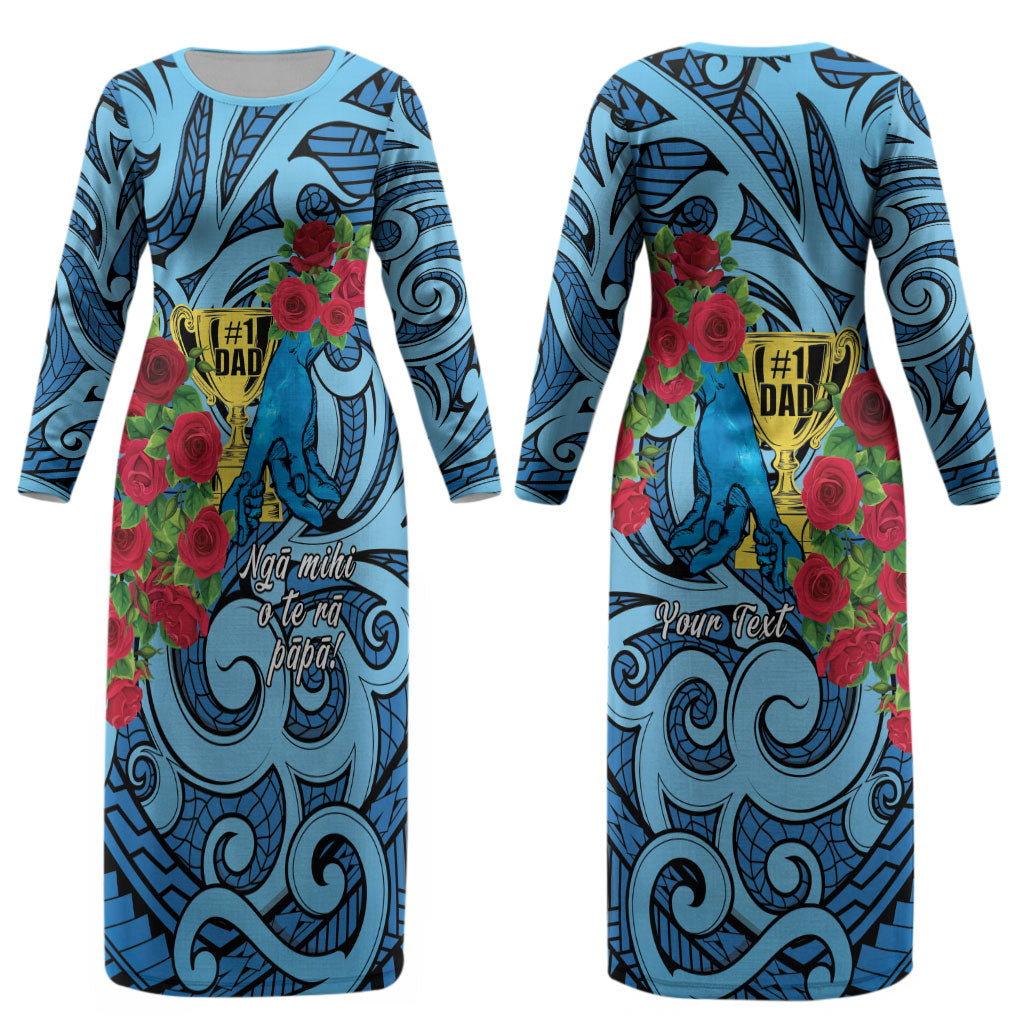 Personalised New Zealand Father's Day Couples Matching Long Sleeve Bodycon Dress and Long Sleeve Button Shirt Best Dad Trophy Red Rose Maori Pattern LT22 - Polynesian Pride