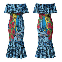 Personalised New Zealand Father's Day Couples Matching Mermaid Dress and Hawaiian Shirt Best Dad Trophy Red Rose Maori Pattern LT22 - Polynesian Pride
