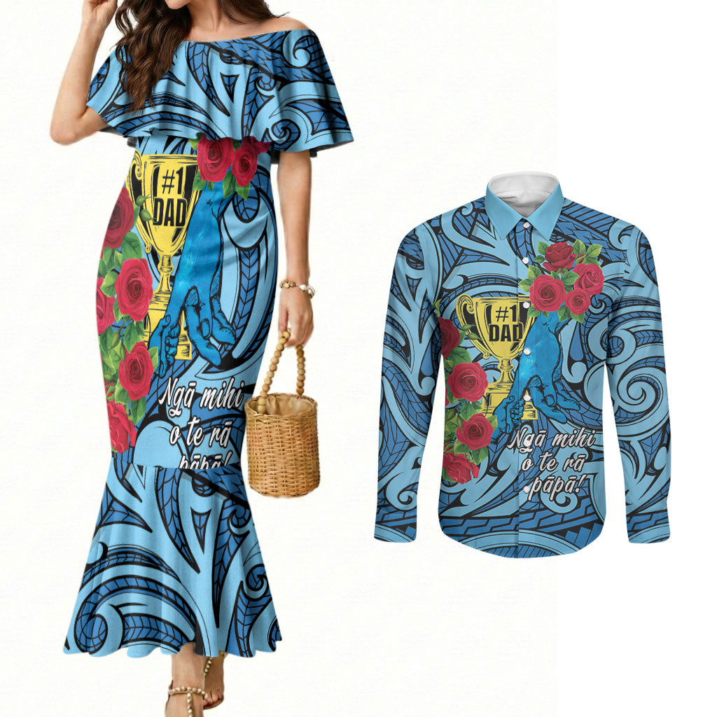 Personalised New Zealand Father's Day Couples Matching Mermaid Dress and Long Sleeve Button Shirt Best Dad Trophy Red Rose Maori Pattern LT22 Blue - Polynesian Pride