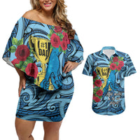 Personalised New Zealand Father's Day Couples Matching Off Shoulder Short Dress and Hawaiian Shirt Best Dad Trophy Red Rose Maori Pattern LT22 Blue - Polynesian Pride