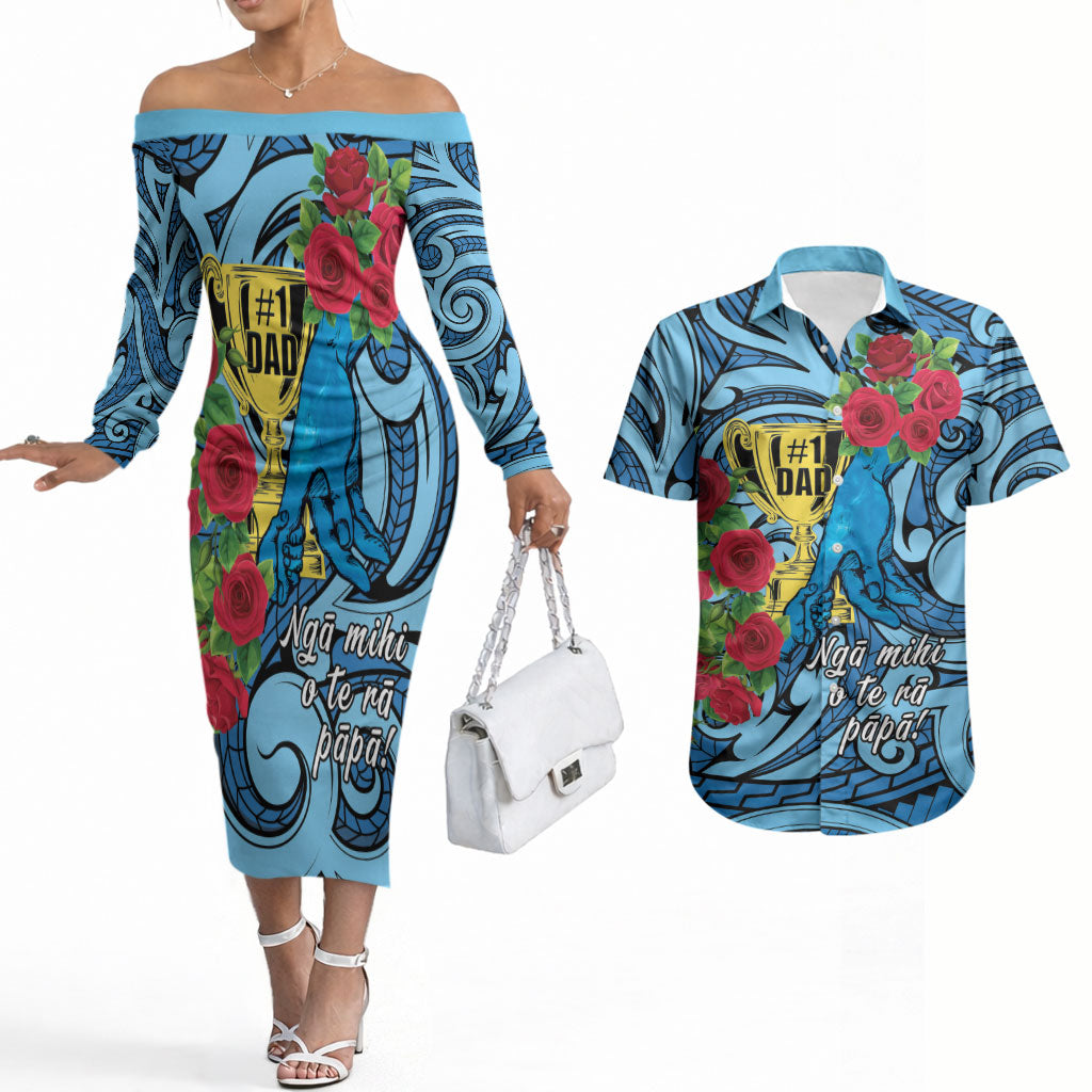Personalised New Zealand Father's Day Couples Matching Off The Shoulder Long Sleeve Dress and Hawaiian Shirt Best Dad Trophy Red Rose Maori Pattern LT22 Blue - Polynesian Pride