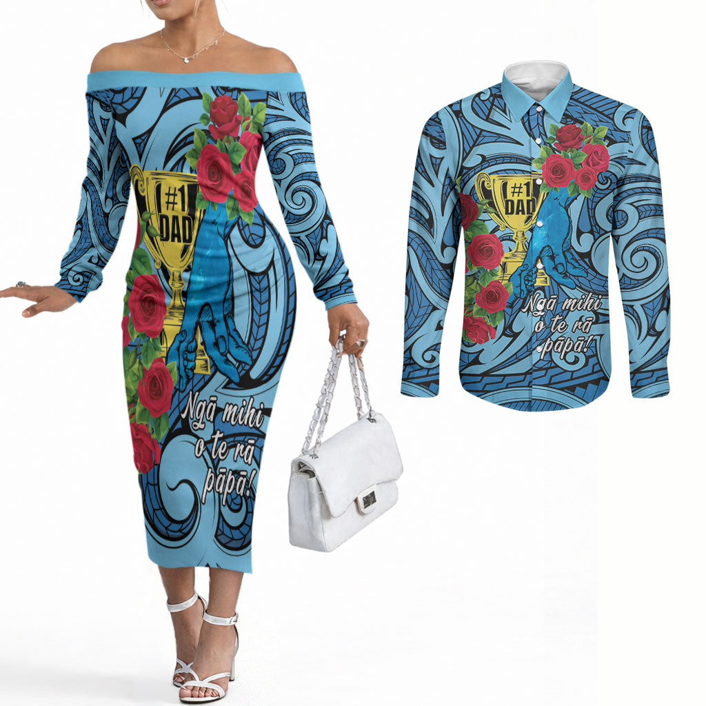 Personalised New Zealand Father's Day Couples Matching Off The Shoulder Long Sleeve Dress and Long Sleeve Button Shirt Best Dad Trophy Red Rose Maori Pattern