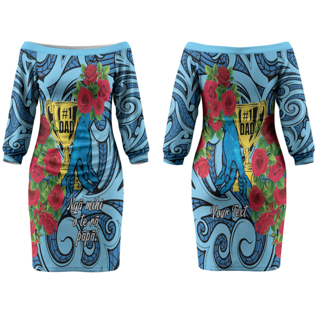 Personalised New Zealand Father's Day Couples Matching Off The Shoulder Long Sleeve Dress and Long Sleeve Button Shirt Best Dad Trophy Red Rose Maori Pattern LT22 - Polynesian Pride