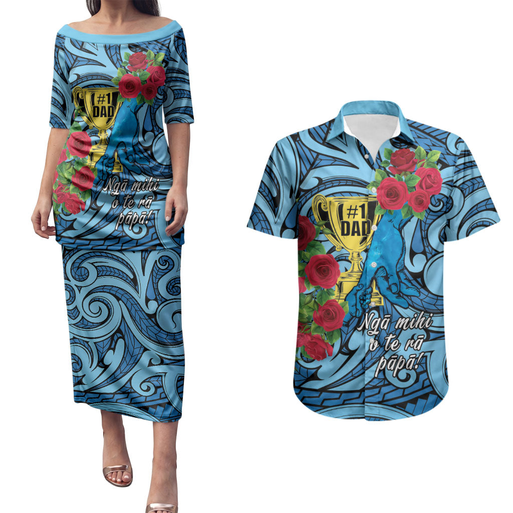 Personalised New Zealand Father's Day Couples Matching Puletasi and Hawaiian Shirt Best Dad Trophy Red Rose Maori Pattern LT22 Blue - Polynesian Pride