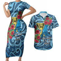 Personalised New Zealand Father's Day Couples Matching Short Sleeve Bodycon Dress and Hawaiian Shirt Best Dad Trophy Red Rose Maori Pattern LT22 Blue - Polynesian Pride