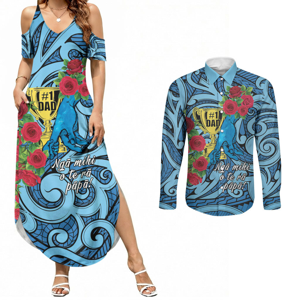Personalised New Zealand Father's Day Couples Matching Summer Maxi Dress and Long Sleeve Button Shirt Best Dad Trophy Red Rose Maori Pattern LT22 Blue - Polynesian Pride