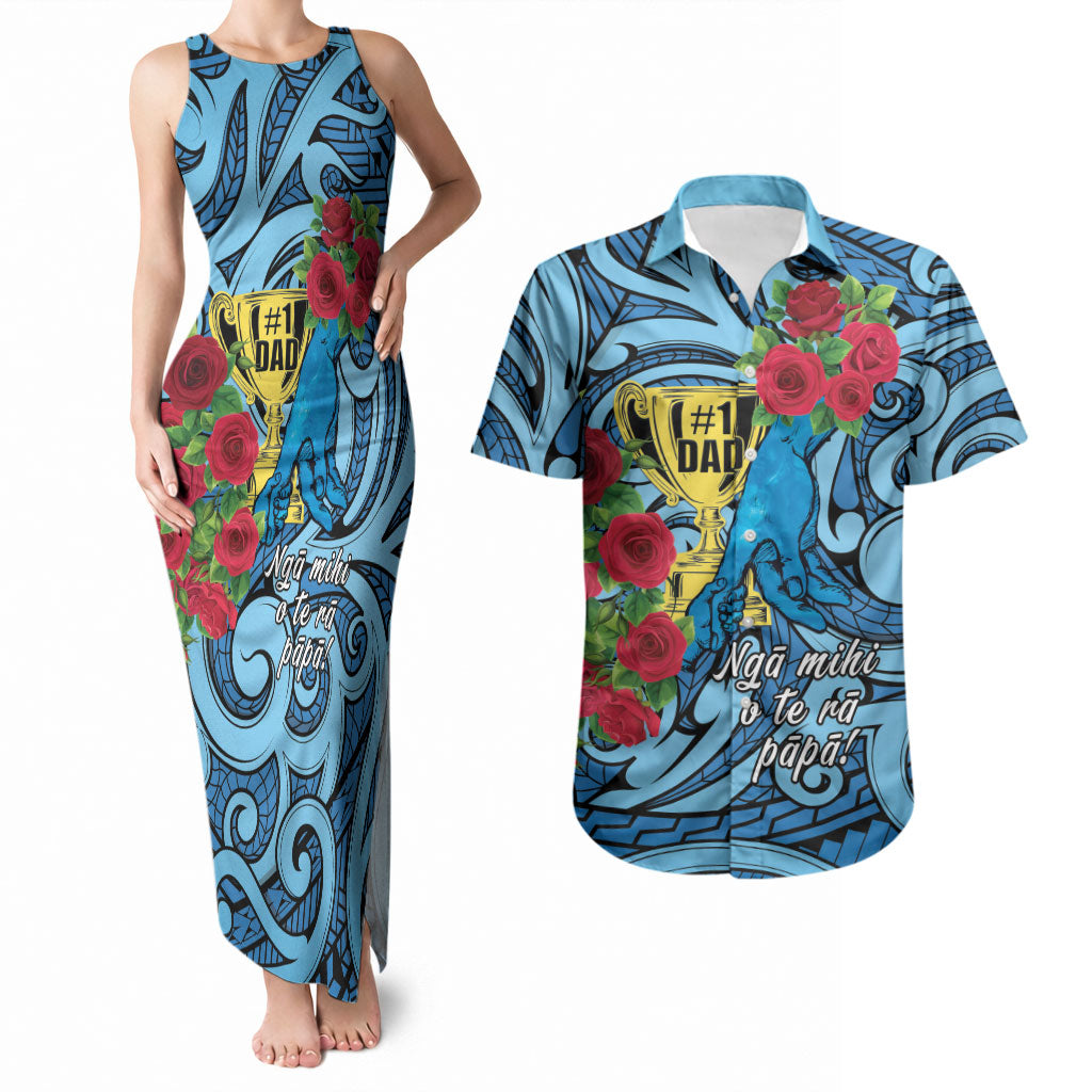 Personalised New Zealand Father's Day Couples Matching Tank Maxi Dress and Hawaiian Shirt Best Dad Trophy Red Rose Maori Pattern