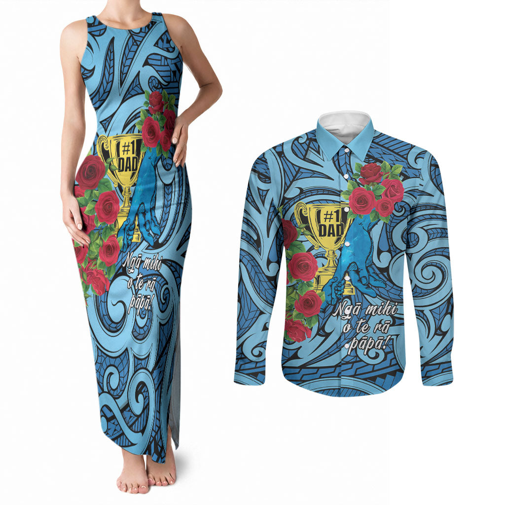 Personalised New Zealand Father's Day Couples Matching Tank Maxi Dress and Long Sleeve Button Shirt Best Dad Trophy Red Rose Maori Pattern LT22 Blue - Polynesian Pride
