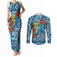 Personalised New Zealand Father's Day Couples Matching Tank Maxi Dress and Long Sleeve Button Shirt Best Dad Trophy Red Rose Maori Pattern LT22 Blue - Polynesian Pride