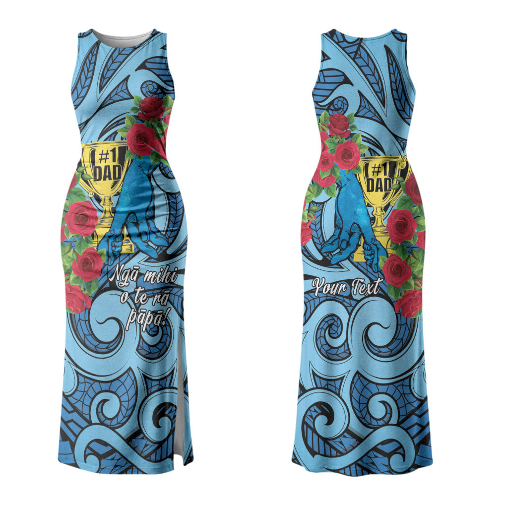 Personalised New Zealand Father's Day Couples Matching Tank Maxi Dress and Long Sleeve Button Shirt Best Dad Trophy Red Rose Maori Pattern LT22 - Polynesian Pride