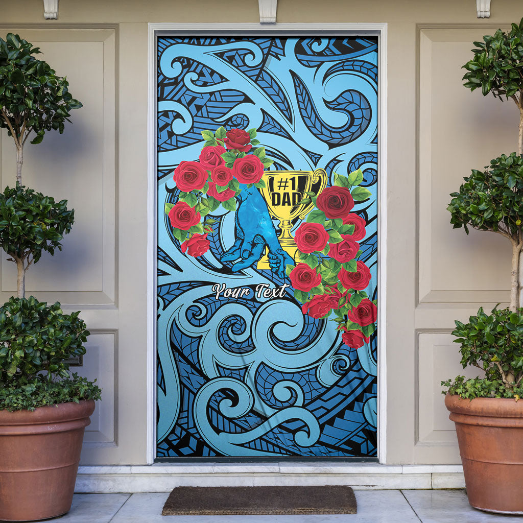 Personalised New Zealand Father's Day Door Cover Best Dad Trophy Red Rose Maori Pattern LT22 Blue - Polynesian Pride