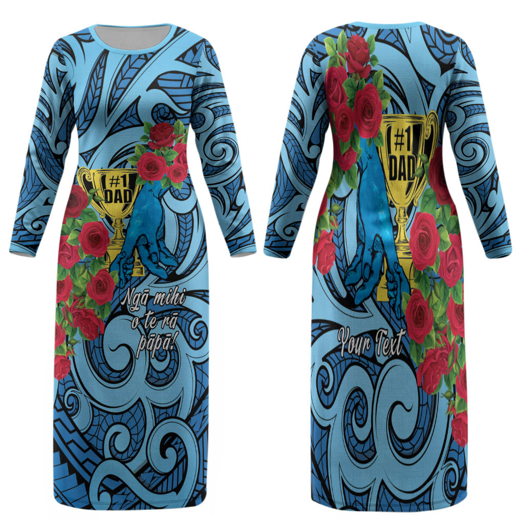 Personalised New Zealand Father's Day Family Matching Long Sleeve Bodycon Dress and Hawaiian Shirt Best Dad Trophy Red Rose Maori Pattern LT22 Mom's Dress Blue - Polynesian Pride