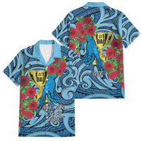 Personalised New Zealand Father's Day Family Matching Long Sleeve Bodycon Dress and Hawaiian Shirt Best Dad Trophy Red Rose Maori Pattern LT22 Dad's Shirt - Short Sleeve Blue - Polynesian Pride
