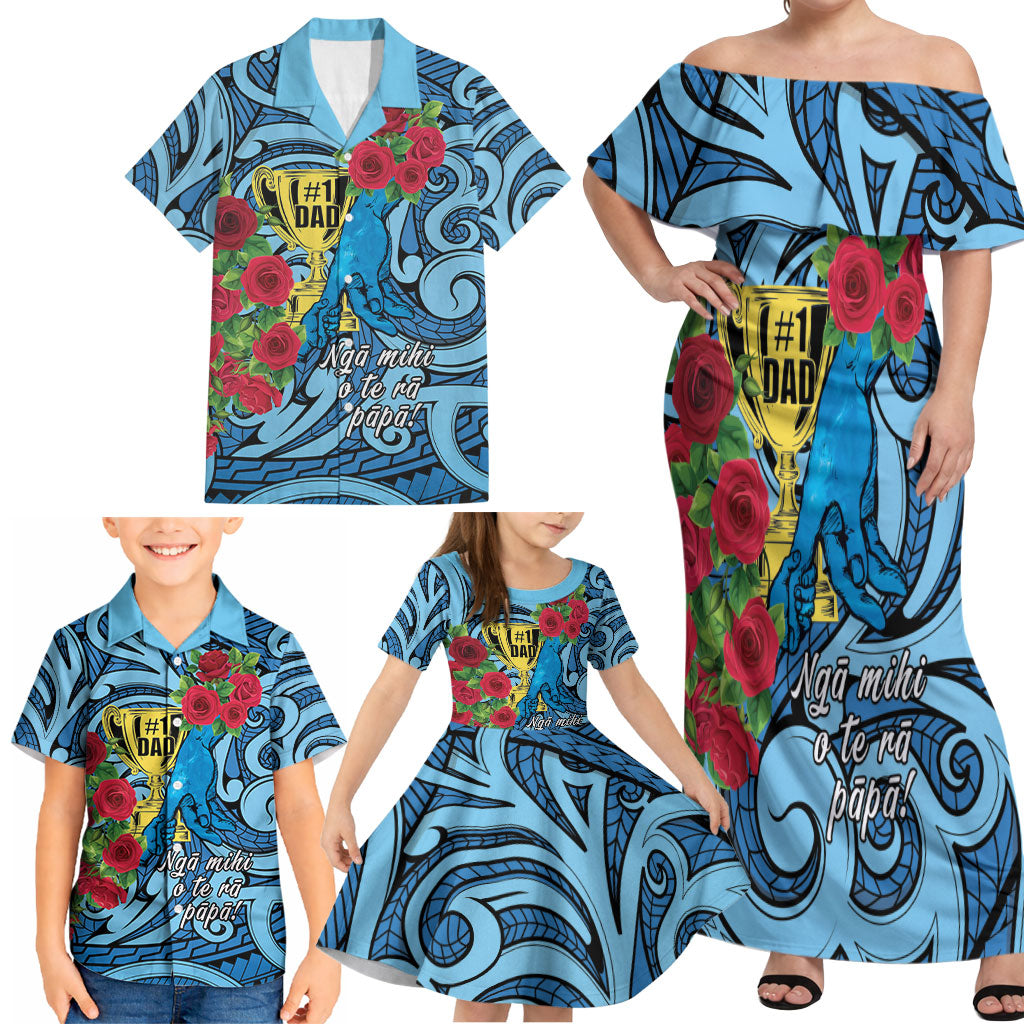 Personalised New Zealand Father's Day Family Matching Off Shoulder Maxi Dress and Hawaiian Shirt Best Dad Trophy Red Rose Maori Pattern LT22 - Polynesian Pride